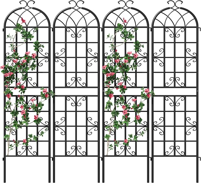 4-Pack 87" x 20" Butterfly Arch Black Metal Garden Trellises | Four rust-resistant metal trellises with butterfly arches, scrollwork, stakes, and support for roses, vines, or vegetables