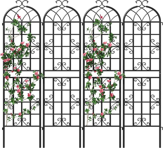 4-Pack 87" x 20" Butterfly Arch Black Metal Garden Trellises | Four rust-resistant metal trellises with butterfly arches, scrollwork, stakes, and support for roses, vines, or vegetables