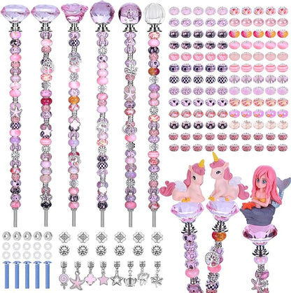 AIPRIDY DIY Crystal Beaded Fairy Wand Garden Stakes Kit, Colorful Decorative Wands with Assembly Guide, 12 or 10 Inch Threaded Rods,Outdoor Garden Decoration Set (158, Pink+Hybrid Top)