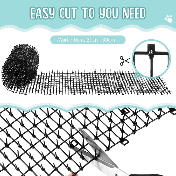 Sanwuta 2 Pcs 26.3 ft Cat Spike Mat Outdoor Cat Deterrent Mat with Spikes Prickle Strips Indoor Dog Digging Deterrent Anti Network Spikes with 10 Staples for Garden Fence(Black)