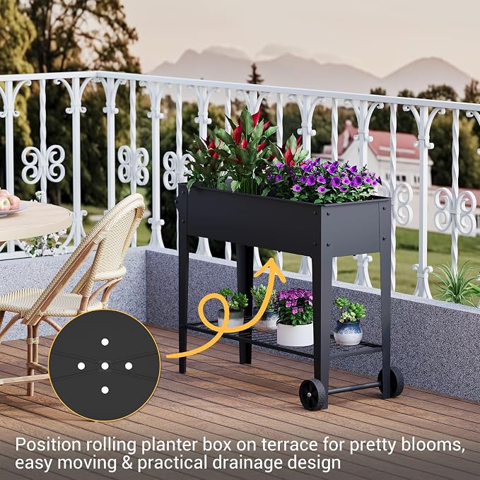 31.9" Tall Mobile Raised Garden Bed on Wheels, Metal Elevated Planter Box with Handles, Lower Storage Shelf & 5 Drain Holes for Vegetables Herbs Flowers,Garden Patio Balcony Backyard Garage