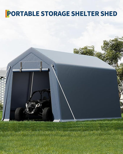 7x15 ft Outdoor Storage Shed, Portable Carport with Roll-up Ventilated Zipper Door and Windows, Heavy Duty Waterproof Tarp, Storage Sheds for Motorcycle, Bike, Firewood, Garden Tools
