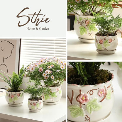 STHIE Ceramic Plant Pots with Drainage Holes and Saucers, Round Flower Pots for Indoor Plant, 4/5.2/6.6 Inches Vintage Flower Planters Set of 3