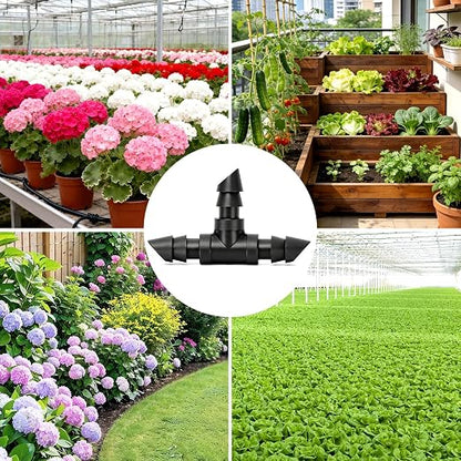 100 Pack 1/4" Drip Irrigation Tee Fittings：1/4'' Drip Line Double Barbed Tee Connectors for 1/4 Inch Irrigation Tubing Quarter Inch 3-Way T Connector for Irrigation System