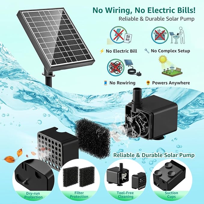 Solar Fountain Pump for Bird Bath, 4W Solar Water Fountain with 5 Spray Modes & 4ft Hose, 9.8ft Power Cord, Dry-Run Protection & Low Noise for Garden Small Pond Fish Tank DIY Water Feature
