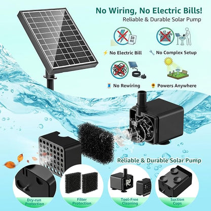 Solar Fountain Pump for Bird Bath, 4W Solar Water Fountain with 5 Spray Modes & 4ft Hose, 9.8ft Power Cord, Dry-Run Protection & Low Noise for Garden Small Pond Fish Tank DIY Water Feature