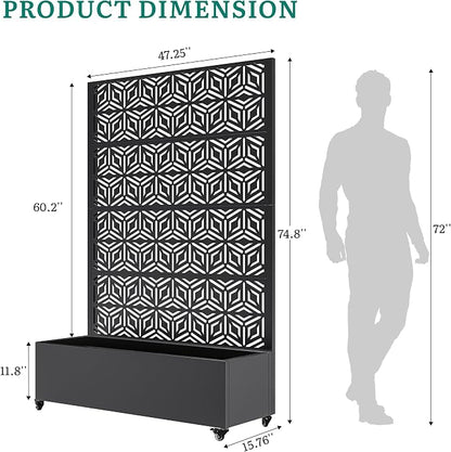 Metal Planter Box with Trellis, Galvanized Steel Raised Garden Bed with Privacy Screen, Lockable Casters, 73"x47"x16" Planter with Drainage Holes for Outdoor Climbing Plants, Vegetables, Patio