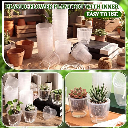 54 Pcs Self Watering Pots 4.3 Inch Plastic Flower Plant Pot with Inner Pot Self Watering Wick Planter White Clear Flower Pots for Indoor House Plants Herbs, Flowers, Succulents (Transparent)