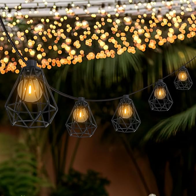 JONATHAN Y 10' Black LED String Lights, 10-Light Indoor/Outdoor Set for Patio Deck, Modern Iron Diamond Cage Shade, Weather-Resistant, Connectable, UL Listed JYL8705A