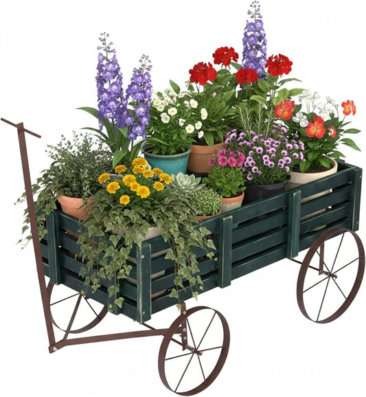 Shine Company Decorative Buckboard Wagon Garden Planter, Wooden Wagon Yard Décor for Outdoor Plants, Green