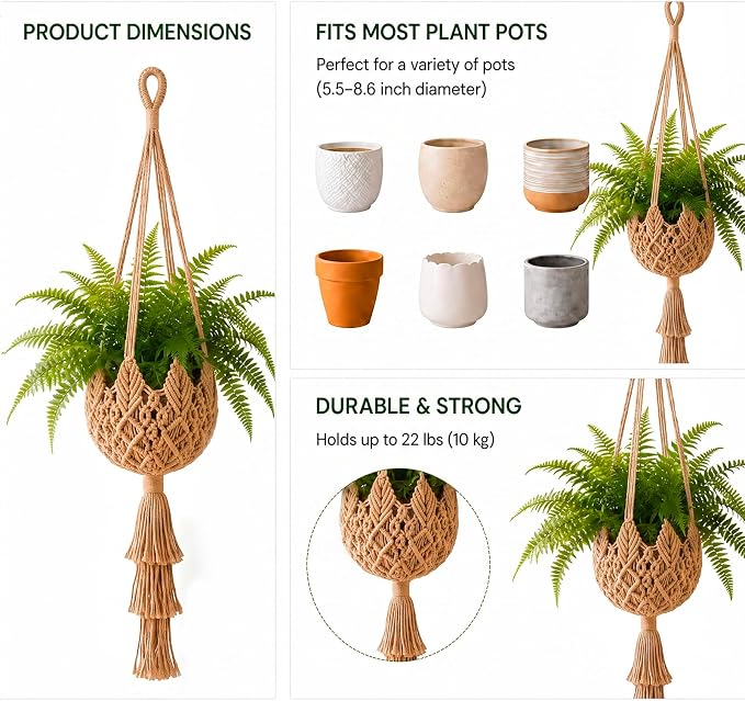 Shappy 1 Pack Boho Macrame Plant Hanger, Large Hanging Planter Plant Holder Pot Hanger Hanging Basket Wall Planters, Plants Lover Gift for Indoor Garden (Twist Braid,Jute Color)