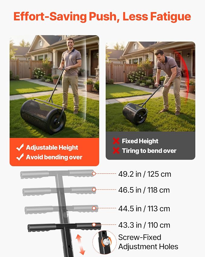 VEVOR Compost Spreader, 36" Wide Peat Moss Spreader with Push/Tow Handle, 4 Heights Adjustable, Powder-Coated Steel Garden Peat Moss Roller, Heavy Duty Grass Seed Roller for Planting Seeding, Black