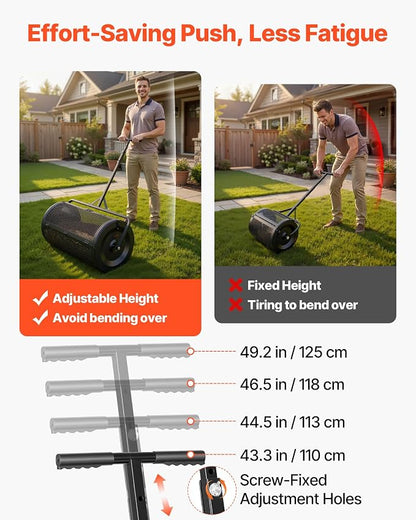 VEVOR Compost Spreader, 36" Wide Peat Moss Spreader with Push/Tow Handle, 4 Heights Adjustable, Powder-Coated Steel Garden Peat Moss Roller, Heavy Duty Grass Seed Roller for Planting Seeding, Black