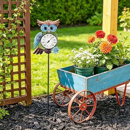 MUMTOP Outdoor Thermometer, 42 Inch Metal Owl Garden Stake Outside Wall Thermometer for Patio, Yard and Garden
