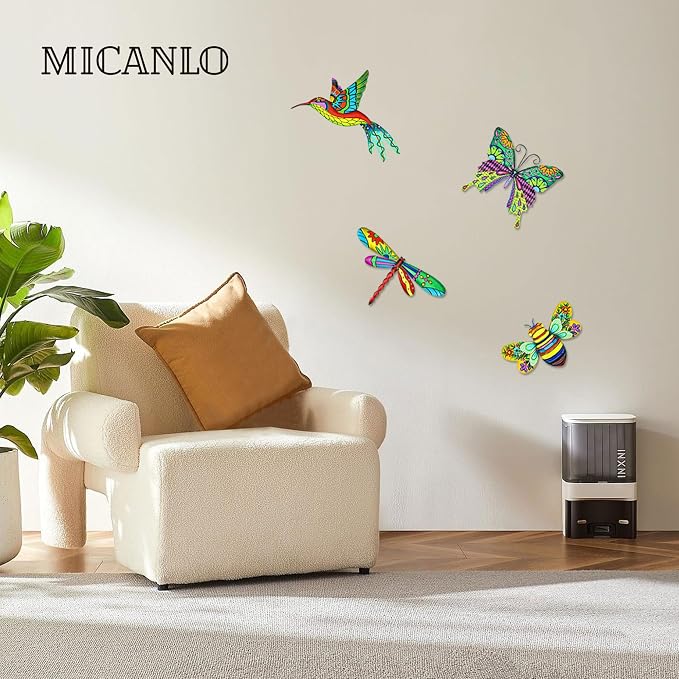 4pcs Metal Outdoor Wall Art Decor,3D Colorful Dragonfly+Hummingbird+Butterfly+Bee Hanging Decorations Ornament for Garden Fence,Patio,Yard
