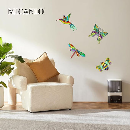 4pcs Metal Outdoor Wall Art Decor,3D Colorful Dragonfly+Hummingbird+Butterfly+Bee Hanging Decorations Ornament for Garden Fence,Patio,Yard