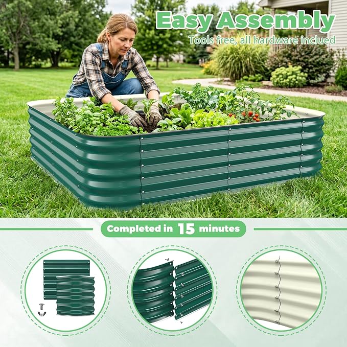 Green Painted Galvanized Raised Garden Bed, Garden Planter Bed Outdoor, Heavy Duty Rustproof Steel Raised Bed Kit for Gardening Vegetables Fruits Flowers Grow (Green, 4x4x1.5ft)