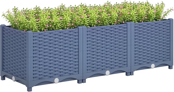 Outsunny 4 x 1 x 1 ft Raised Garden Bed, Indoor Outdoor Plastic Planter Box with Drainage Holes, Drain Plugs and Water Reservoirs for Vegetables, Herbs, Flowers & Succulents, Blue