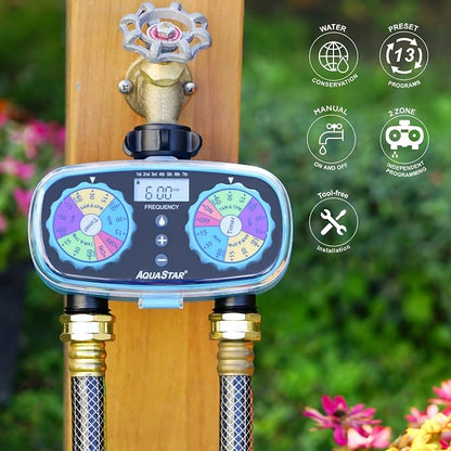 AQUASTAR Two-Zone Hose Watering Timer (Blue), Automatic Irrigation for Lawn, Garden, Yard, Two Outlets
