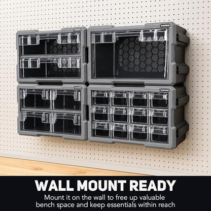 12 Drawer Modular Stackable Storage Organizer with Clear Drawers, Heavy-Duty Interlocking System, Removable Handle, Wall-Mount Workshop Storage Cabinet