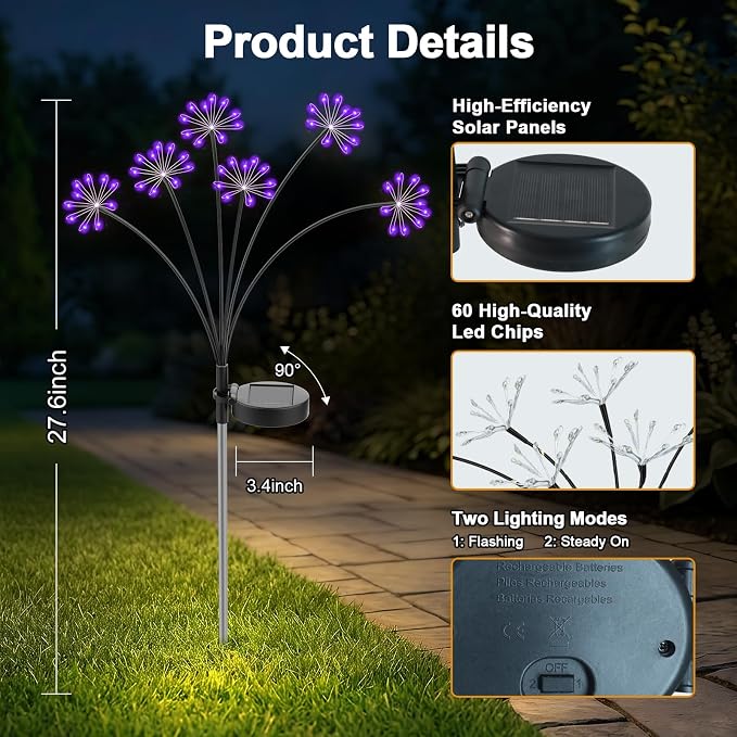 Solar Garden Lights Outdoor, Upgraded Solar Swaying Starburst Light Waterproof with 2 Modes, Solar Fairy Firework Lights for Yard Patio Pathway Flowerbed Balcony Garden Decoration (Purple, 2 Pack)