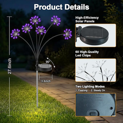 Solar Garden Lights Outdoor, Upgraded Solar Swaying Starburst Light Waterproof with 2 Modes, Solar Fairy Firework Lights for Yard Patio Pathway Flowerbed Balcony Garden Decoration (Purple, 2 Pack)