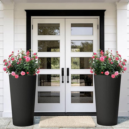 24" Black Outdoor Planter Set of 2, Tall Planters for Outdoor Plants with Drainage Hole, Large Flower Pots for Indoor Plants, Front Porch Decor/Patio, Plastic Striped