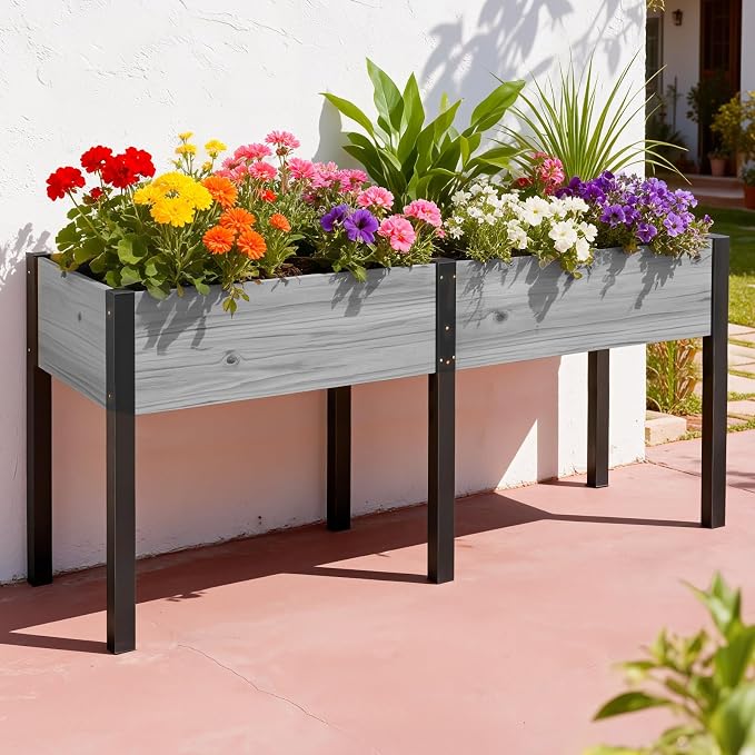 SUNYRISY Dual Wooden Raised Garden Bed Outdoor with Metal Legs for Gardening, 71" L x 23.6" W x 31.5" Elevated Planter Garden Box Raised Bed for Vegetable Flower Herb, Gray