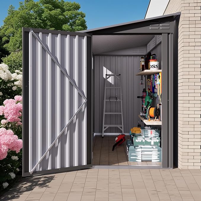 Outdoor Metal Storage Shed, Galvanized Steel Garden Shed with Sloped Roof & Air Vents, Waterproof Rust-Resistant Backyard Tool Storage House for Patio Lawn Garden Trash Can Storage, Easy Assembly