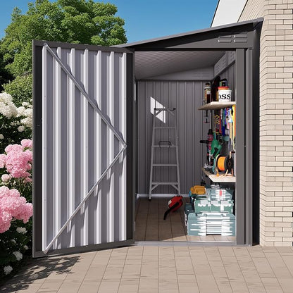 Outdoor Metal Storage Shed, Galvanized Steel Garden Shed with Sloped Roof & Air Vents, Waterproof Rust-Resistant Backyard Tool Storage House for Patio Lawn Garden Trash Can Storage, Easy Assembly