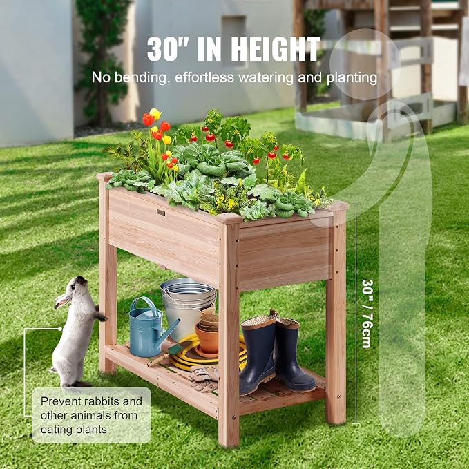 VEVOR Raised Garden Bed 34x18x30in with Sturdy Legs, High End Natural Fir Wood Planter Box Elevated Planting Stand for Backyard/Garden/Patio/Balcony w/Non -Woven Liner & 1 Set of Tool, 165lb Capacity