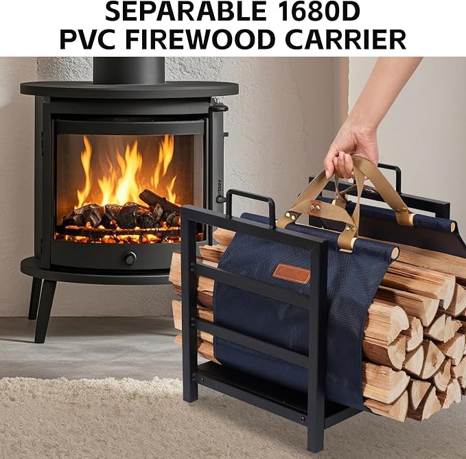 Firewood Rack Indoor Outdoor with Firewood Carrier, Fireplace Wood Log Holder Heavy Duty Metal, Indooor Firewood Holder for Fireplace Wood Storage, 16 inch, Navy