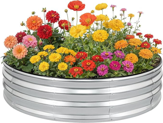 Galvanized Raised Garden Bed Outdoor | 4x4x1ft Metal Raised Beds for Gardening with Safety Rubber Strip | Round Planter Box for Plants Like Vegetables Fruits Flowers, Silver