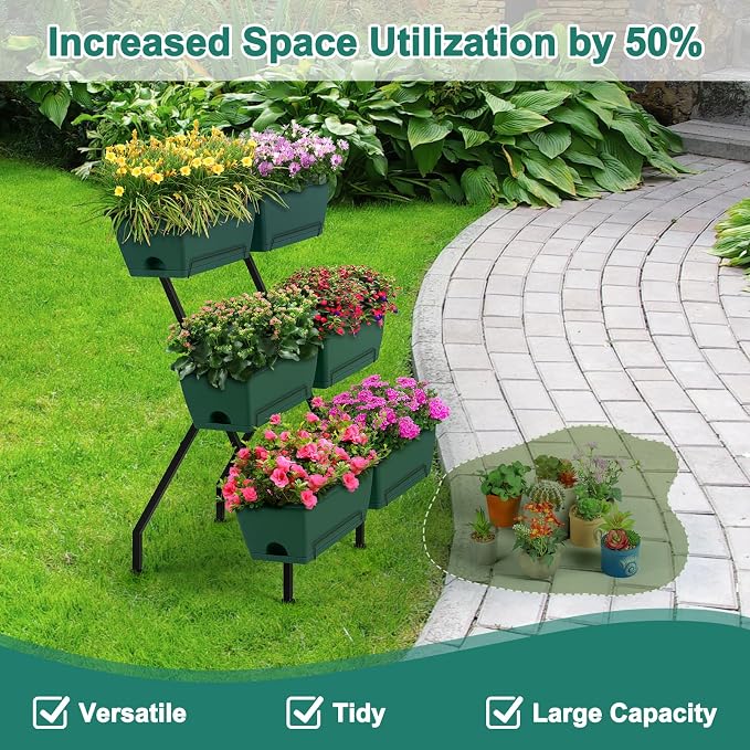 2 Column Vertical Raised Garden Beds, 6 Planter Boxes Standing Garden Bed Outdoor/Indoor Herb Garden Tiered Planter with Drainage Holes & Removable Trays for Flowers/Vegetables/Plants (Green)