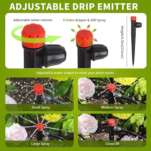 50pcs Drip Irrigation Emitters with Lock Barbed Drip Emitters for 1/4" Drip Irrigation Tubing 360 Degree Water Flow Adjustable Irrigation Drippers Drip Irrigation Heads for Garden Plants Flower