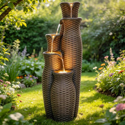 33" H Outdoor Water Fountain with LED Lights, Faux Rattan Vase Water Feature with 5-Tier Cascading Waterfall, Durable Polyresin Decor for Tranquil Oasis in Garden, Patio, Yard