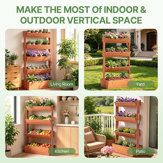 Suteck Raised Garden Bed, Vertical Wooden Raised Garden Bed, 4 Tier Garden Planters Freestanding Plant Stand Flower Rack Wooden Planter Box For Plants Flowers Herbs Vegetables Indoor Outdoor Gardening