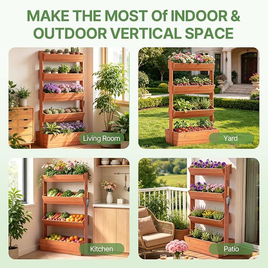Suteck Raised Garden Bed, Vertical Wooden Raised Garden Bed, 4 Tier Garden Planters Freestanding Plant Stand Flower Rack Wooden Planter Box For Plants Flowers Herbs Vegetables Indoor Outdoor Gardening