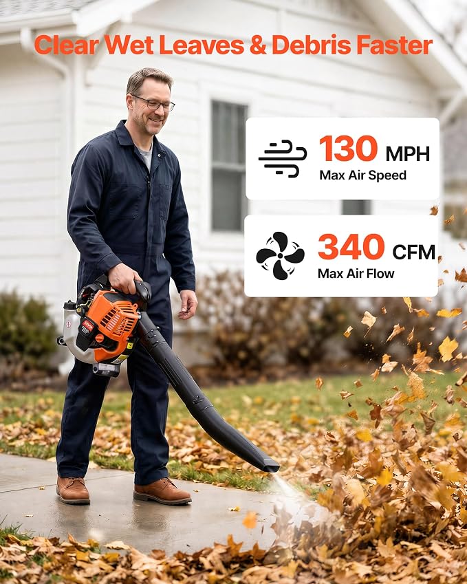 VEVOR Gas Leaf Blower, 25.4CC 4-Stroke Gas Powered Handheld Leaf Blower with 0.75L Fuel Tank, 340 CFM Air Volume, 130 MPH Air Speed, Ideal for Lawn Care, Leaves Cleaning, Yard Debris & Snow Removal | 0.75L Fuel Tank, 340 CFM Air Volume, 130 MPH Air Spe...
