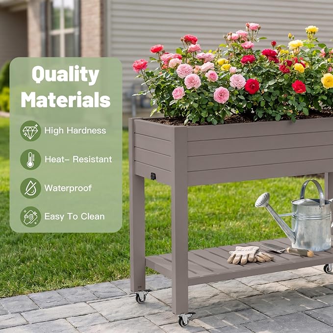 Fancyango Raised Garden Bed with Wheels 33.7" Hx2 -Gray | Resin Elevated Garden Planter Box with Drainage, Outdoor Planter Box for Veggies Herbs Patio Balcony Backyard