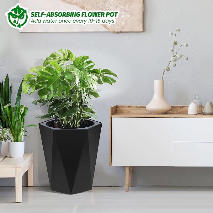 IDEALHOUSE 16" Tall Planters, Self-Watering Planters with Water Level Monitor and Drainage Hole, Large Outdoor Planters for Living Room, Bedroom Office, Patio, Porch, Garden, Set of 2