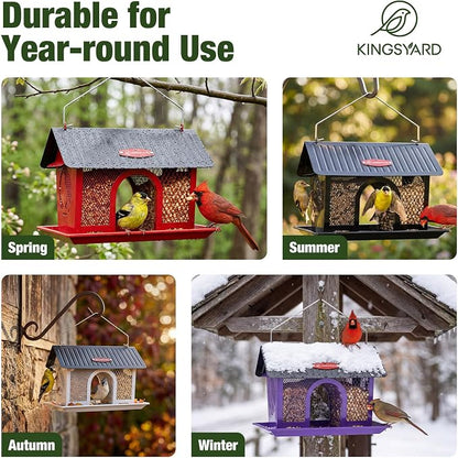Kingsyard Wild Bird Feeder for Outdoors Hanging, All Metal | Dual-Use Mesh with 360° Feeding, Weatherproof Roof, 3 lb Seed Capacity, Garden Decor & Birding Gift, Red