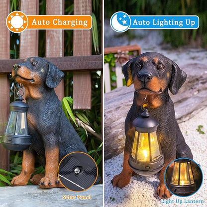 Garden Dog Statues Outdoor Decor, 13" Solar Powered LED Lights Outdoor Statue Garden Decorations Rottweiler Figurine for Patio, Lawn, Yard Decor, Housewarming Garden