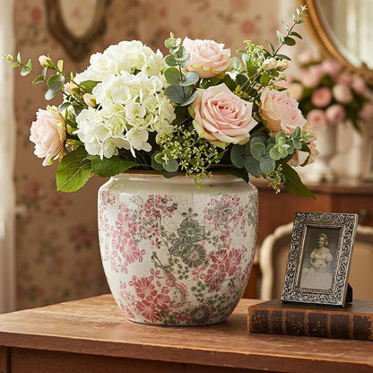 LemonRoad 7 Inch Large Vintage Ceramic Planter with Drainage Holes Ice Crackle Flower Vase Flower Pot with Farmhouse Rose Pattern for Indoor Outdoor Plants Garden Home Kitchen Office Shelf Decor