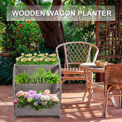 Beeveer Wooden Wagon Planter Box Garden Planter for Outside with Drainage Holes Decorative for Patio Garden Balcony Vegetables Flowers Herbs(Washed Antique Gray)