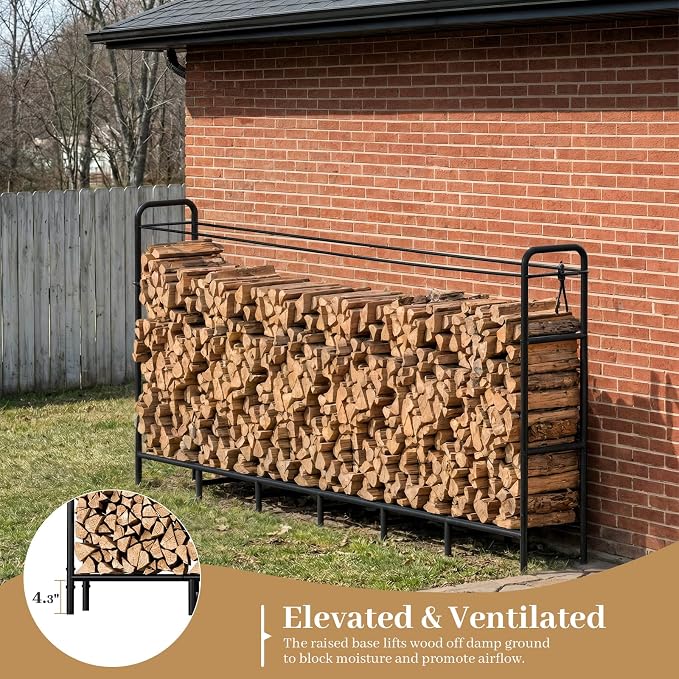 Firewood Rack 8FT Heavy Duty Metal, Outdoor Indoor Log Holder Stand for Fireplace Wood Storage, Adjustable Wood Pile Stacker Organizer for Patio, Black