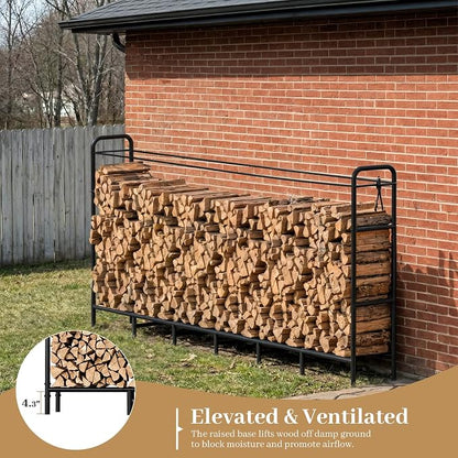 Firewood Rack 8FT Heavy Duty Metal, Outdoor Indoor Log Holder Stand for Fireplace Wood Storage, Adjustable Wood Pile Stacker Organizer for Patio, Black