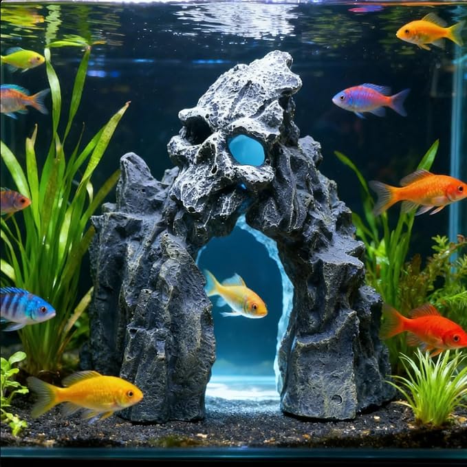 Fish Tank Decorations, Large Aquarium Decor Accessories with Skull Rock Mountain Cave, Bearded Dragon Hideout, Reptile & Amphibian Habitat Hideouts (Dark Gray Mountain)