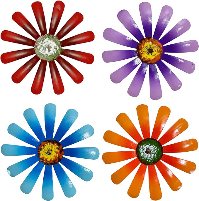 Metal Garden Flower Stakes, 6 Pack 14" Outdoor Decorative Yard Art with Bright Colors, Weather Resistant Flower Ornaments for Lawn Patio Pathway