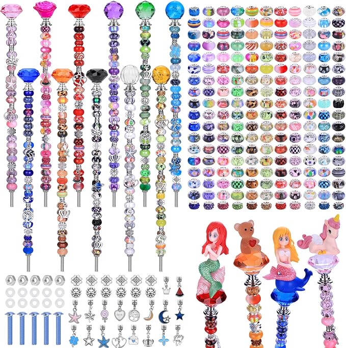 AIPRIDY DIY Crystal Beaded Fairy Wand Garden Stakes Kit, Colorful Decorative Wands with Assembly Guide, 12 or 10 Inch Threaded Rods,Outdoor Garden Decoration Set (238, Rainbow+Hybrid Top)